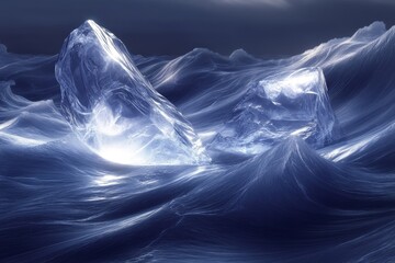 Obraz premium Icebergs floating on turbulent ocean waves under a moody sky at twilight