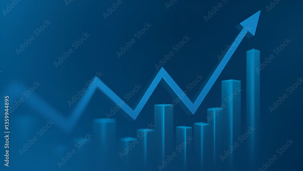 Poster widescreen abstract financial graph with uptrend line and bar chart on blue background: symbolizing 