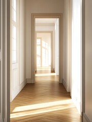 Spacious apartment hallway with ample natural light, empty room, and wooden flooring. Concept Apartment Interiors, Natural Light, Empty Rooms, Wooden Flooring, Spacious Hallways