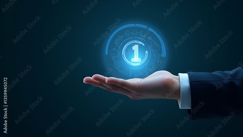 Poster hand interacting with holographic device for impact analysis evaluation in empty space concept