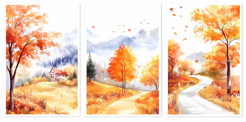 Autumn's Watercolor Harmony: Three watercolor panels capture the serene beauty of autumn, showcasing golden trees, rolling hills, and winding paths in a dreamlike landscape.