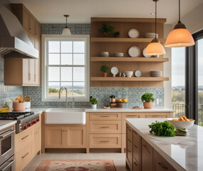 Modern kitchen with elegant design and vibrant decor showcasing natural light and functionality in a serene countryside setting