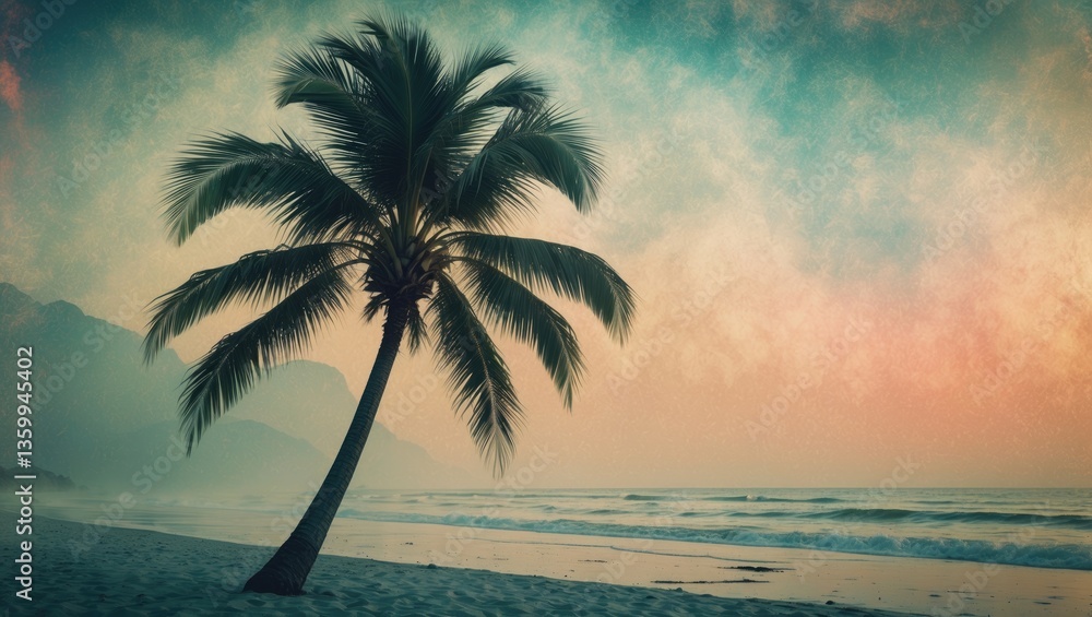 Poster a palm tree positioned on a beach with a hazy, abstract sky. text space idea for vacation and work t