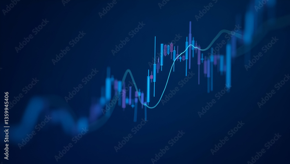 Poster stock market candlestick graph: investment trading data with bullish points and trend on a blue back