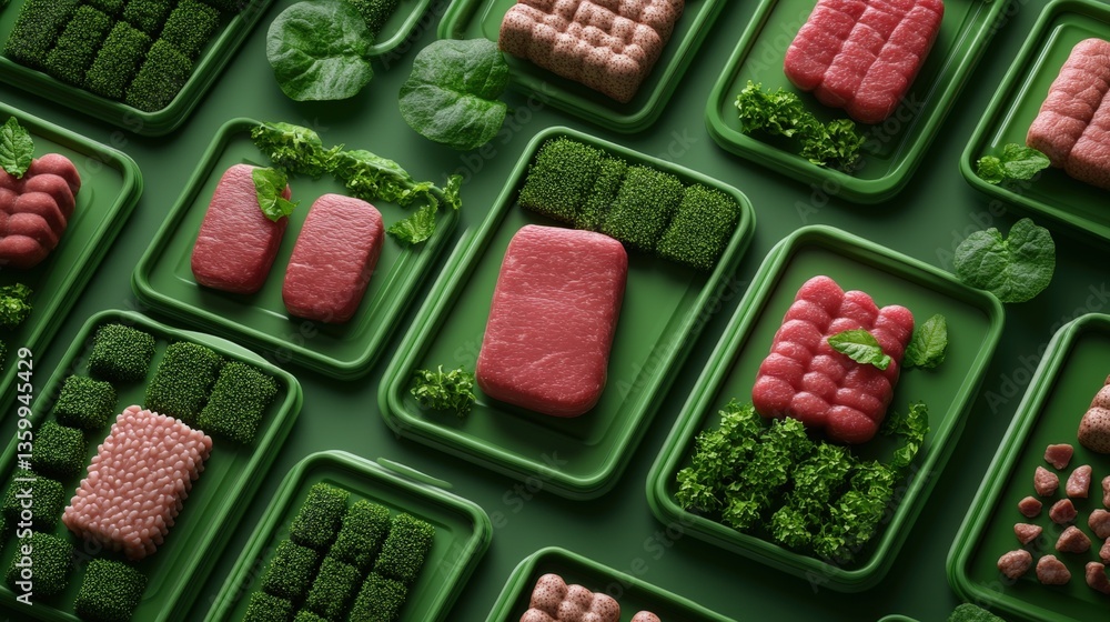 Poster high-angle close-up view of green rectangular containers filled with assorted meat cuts and fresh he