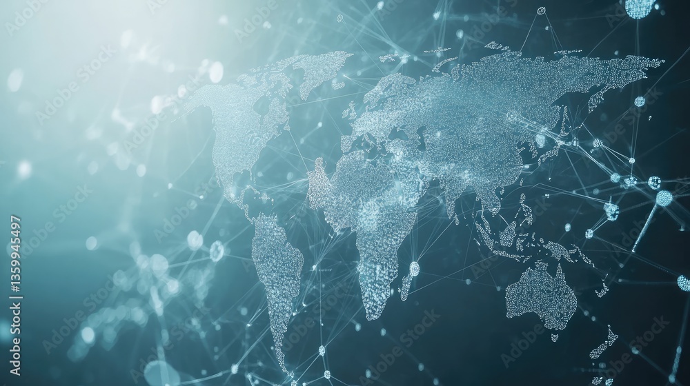 Poster abstract representation of a digital world map with interconnected nodes and lines illustrating glob