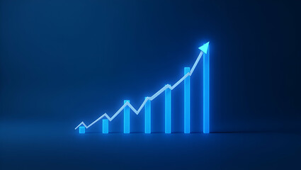 Widescreen Financial Graph: Uptrend Line & Bar Chart on Blue Background