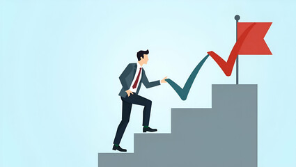 Achieve Business Success: Step-by-Step Goal Setting with Checkmarks on a Virtual Staircase - A Cute Vector Illustration of Planning Progress and Success Markers for Entrepreneurs
