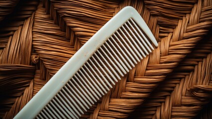 White plastic comb, a tool for arranging or smoothing a person's hair. The idea of self-care and beauty services. Combing tangled hair, hair maintenance. Top view. Above perspective. Close-up image...