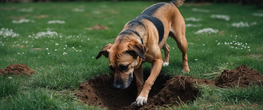 A large dog digs vigorously in a green yard while searching for a gofer.