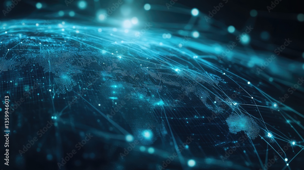 Poster a stunning view of a digital world map illuminated by glowing network connections and data streams i