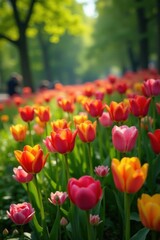 Obraz premium Vibrant blooms of tulips and roses amidst lush greenery, daisies, tulips