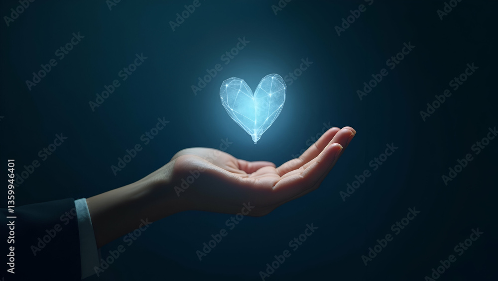 Poster flat hand holding holographic communication symbol representing empathy understanding communication 