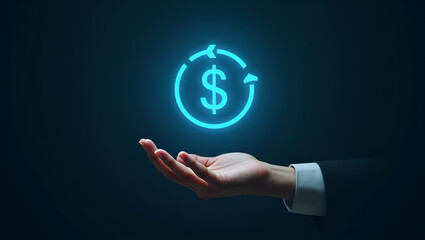 Flat Hand Holding Holographic Allocation Icon: A Smart Business Approach to Profit Management and Revenue Allocation in a Clean, Minimalist Setting - Cute Vector Illustration