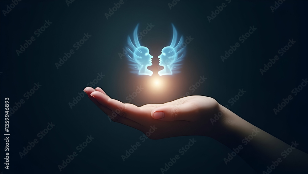 Poster empathy in communication: a flat hand holding a holographic symbol against a minimalist background -