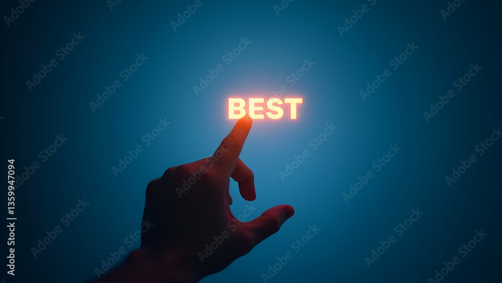 Poster hand highlighting best in holographic good better best sequence on blue background in empty space co