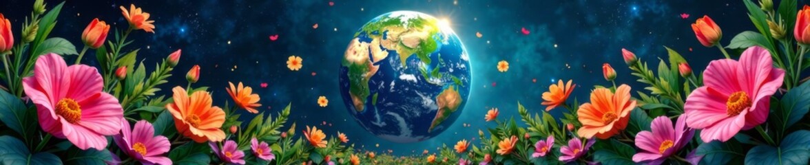 Earth's vibrant flora forms a stunning art piece, with lush plants and colorful blooms surrounding the planet , botanical, wildlife