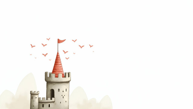 Hand Drawn Watercolor Clipart of Princess in Castle Tower - Perfect for Nursery Art and Fairy Tale Designs with Empty Space for Customization in Photo Stock