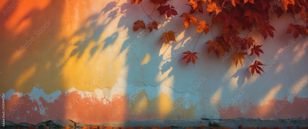 Poster autumn backdrop featuring the shadow of leaves cast on a wall. abstract image.