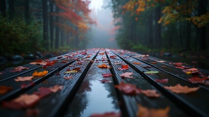 Misty autumn path with fallen leaves on wet wooden planks.