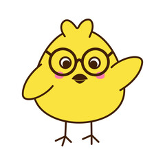 Cute little chicken in glasses cartoon character isolated on white background. Vector art illustration in flat style. A separate element for your design.