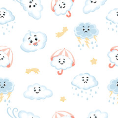 Seamless pattern of cute kawai clouds, stars, raindrops and umbrella on white background.
