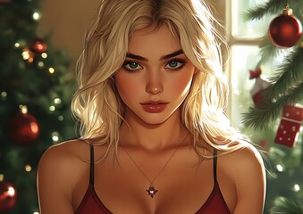 A beautiful blonde woman poses near a decorated christmas tree