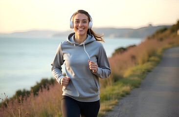 Young woman in a gray hoodie and headphones jogging early in the morning on the seashore, healthy lifestyle, sportswear advert, photo for a blog about the life of modern women