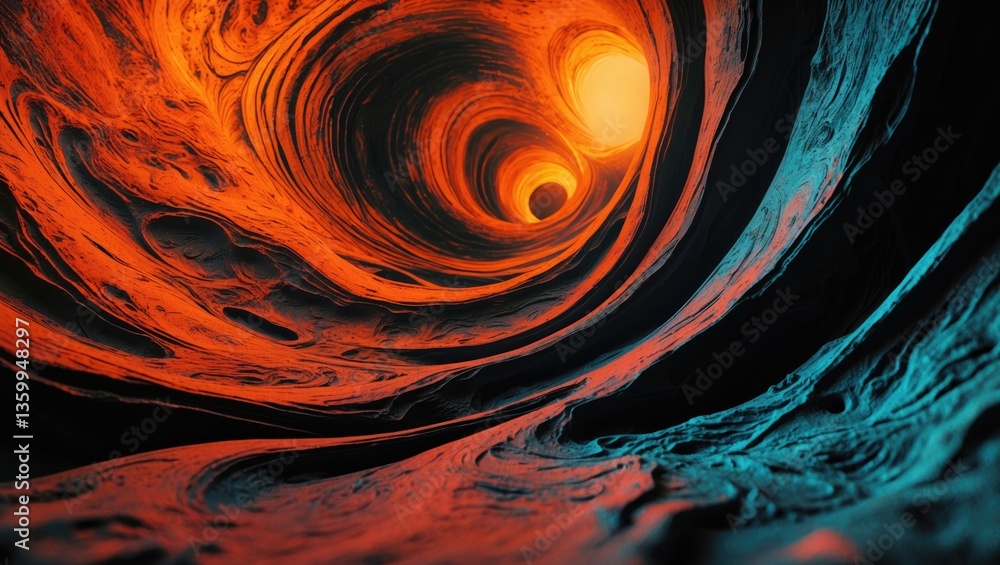 Poster background featuring an abstract design in orange and black, depicting a slice of wild terrain.
