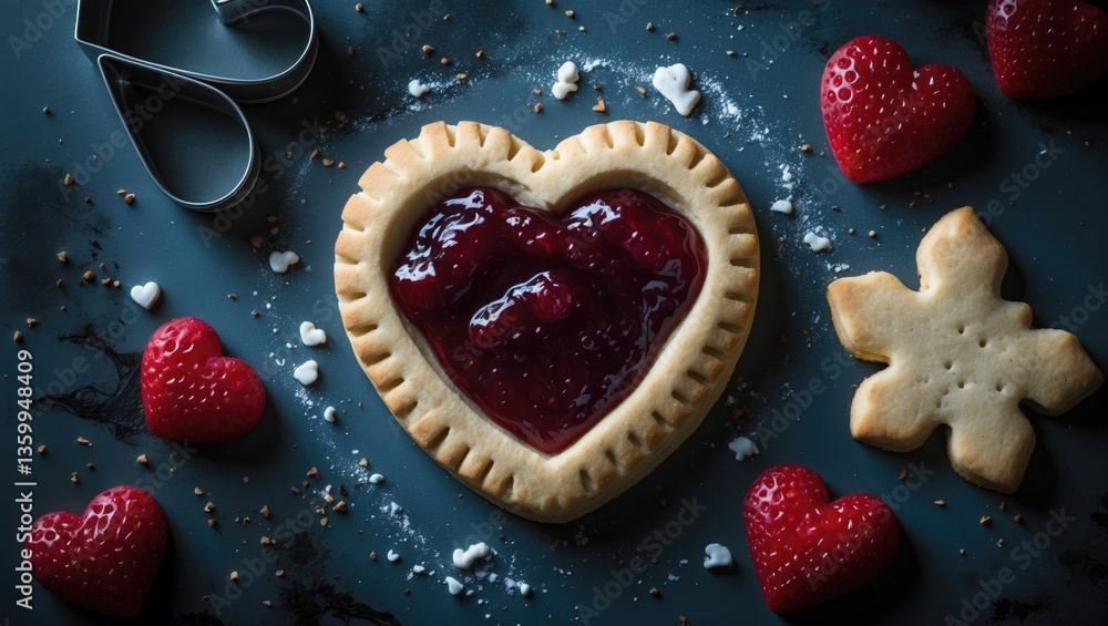 Poster an image of a heart-shaped cookie filled with jam. using cookie cutters, icing, and baking sheets, c