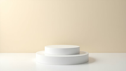 Stylish White Cylindrical Podium with Two Levels for Product Display Against Beige Wall - Perfect for Photo Stock Concepts and Creative Empty Space on the Left Side