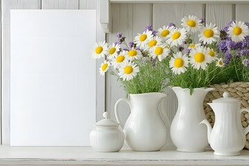 White Ceramic Jugs with Daisies and Blank Canvas Mockup