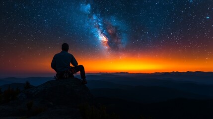 A person sits observing the beautiful night sky and the landscape