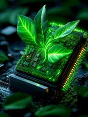 Cyberpunk and nature with glowing plant growing from processor. The future of green technology