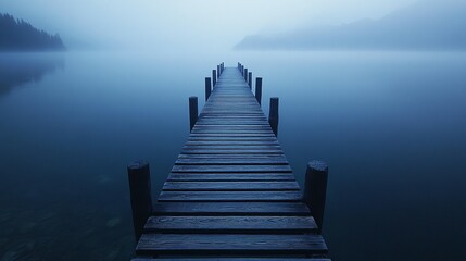Obraz premium Misty morning view of a wooden pier extending into a calm lake shrouded in fog.