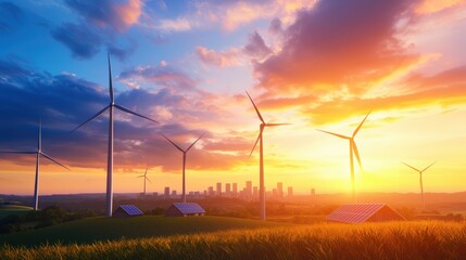 Fototapeta premium A vibrant sunset scene showcasing wind turbines and solar panels in a green landscape, symbolizing renewable energy and sustainability, Sustainable Living.
