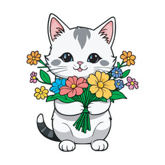 Cat with a bouquet of flowers in its paws Flat vector illustration Cheerful Cartoon Cat with Bouquet Adorable Caricature Charm Beautiful Realistic Pet Cat Vector Illustration Isolated on a White
