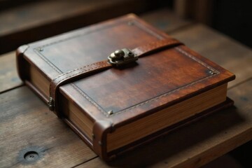 Vintage wooden photo album with leather strap and metal lock , Wall , Frame