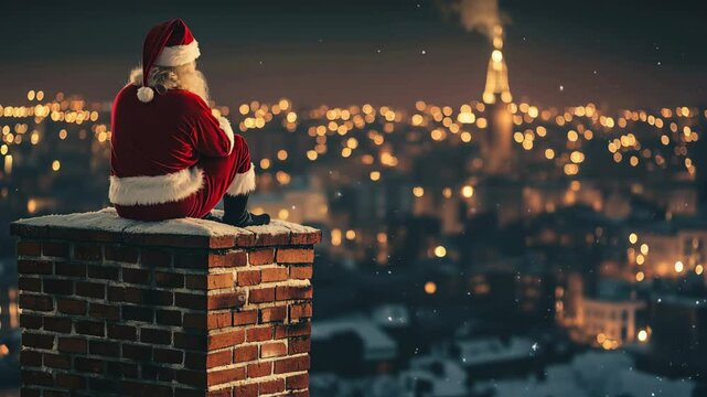 Santa claus perched on a brick chimney, gazing at a city adorned with dazzling holiday lights