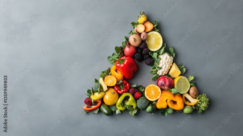 Poster a colorful arrangement of fresh fruits and vegetables meticulously shaped into a triangular design o