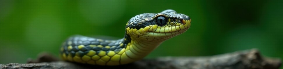 Fototapeta premium Viper's sharp, pointed snout and piercing eyes are rendered in high definition against a blurred green background, wildlife, viper