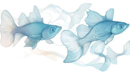 Fototapeta premium Digital illustration of two light blue, almost translucent fish. The fish have large, flowing fins that appear almost ethereal. The style is painterly, resembling a watercolor or soft pastel
