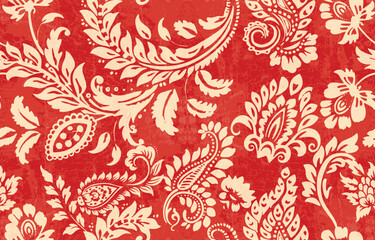 Abstract Paisley Traditional Scribble Style Hand Drawn Ikat Seamless Vector Pattern Trendy Fashion Colors Perfect for Allover Fabric Print or Wall Paper Damask Ethnic Concept Bright Orange White Tones