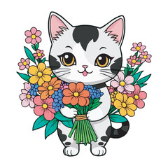 Cat with a bouquet of flowers in its paws Flat vector illustration Cheerful Cartoon Cat with Bouquet Adorable Caricature Charm Beautiful Realistic Pet Cat Vector Illustration Isolated on a White