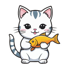 Cute Cat Hanging On Fish Cartoon Vector Icon Illustration Animal Food Icon Concept Isolated Flat. Cute cat holding fish cartoon illustration. A cute cat with a fish