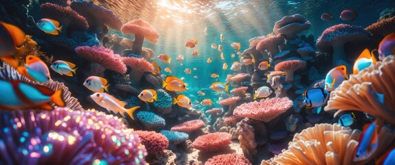 Stunning and captivating underwater world featuring corals and tropical fish.