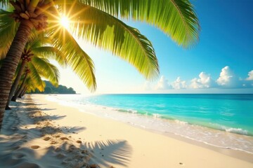 Fototapeta premium Warm sunlight filters through palm fronds on a serene sandy ocean beach, vintage tones, beach