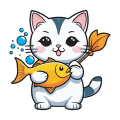 Cute Cat Hanging On Fish Cartoon Vector Icon Illustration Animal Food Icon Concept Isolated Flat. Cute cat holding fish cartoon illustration. A cute cat with a fish