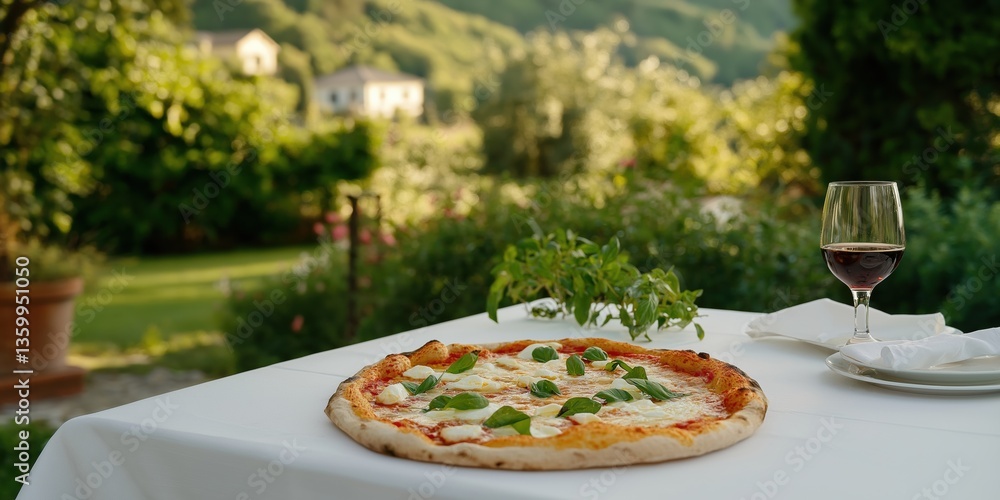 Poster a pizza with basil and cheese sits on a table next to a wine glass. the scene is set in a garden, wi