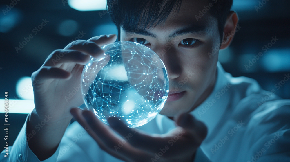 Poster man holding a glowing orb with network connections in his hands looking intently at the sphere